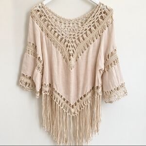 Vintage Boho Crochet Fringe Tunic Poncho Cream Festival Top 21 PTP- Note Stain